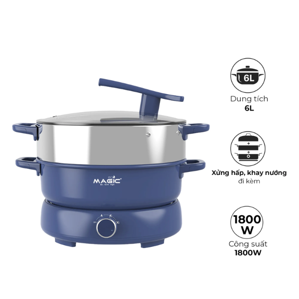 Nồi lẩu điện Magic Eco AC-282 6L – Đa năng – Nấu lẩu, hấp, nướng